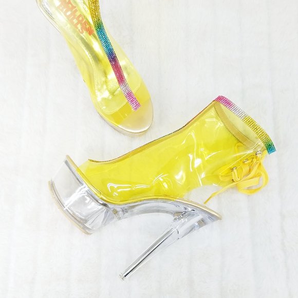 Yellow Clear Platform Heels Shoes Rhinestone Trim Golden Bulls - Picture 6 of 14